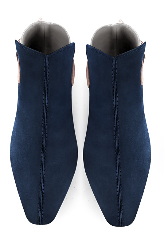 Navy blue, light silver and dusty rose pink women's ankle boots with buckles at the back. Square toe. Flat flare heels. Top view - Florence KOOIJMAN